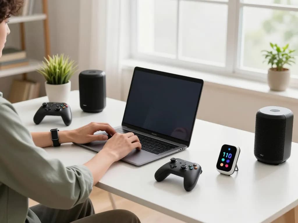 Engaging workspace scene featuring trending tech gadgets like Bluetooth controllers, smartwatches, and a keyboard.