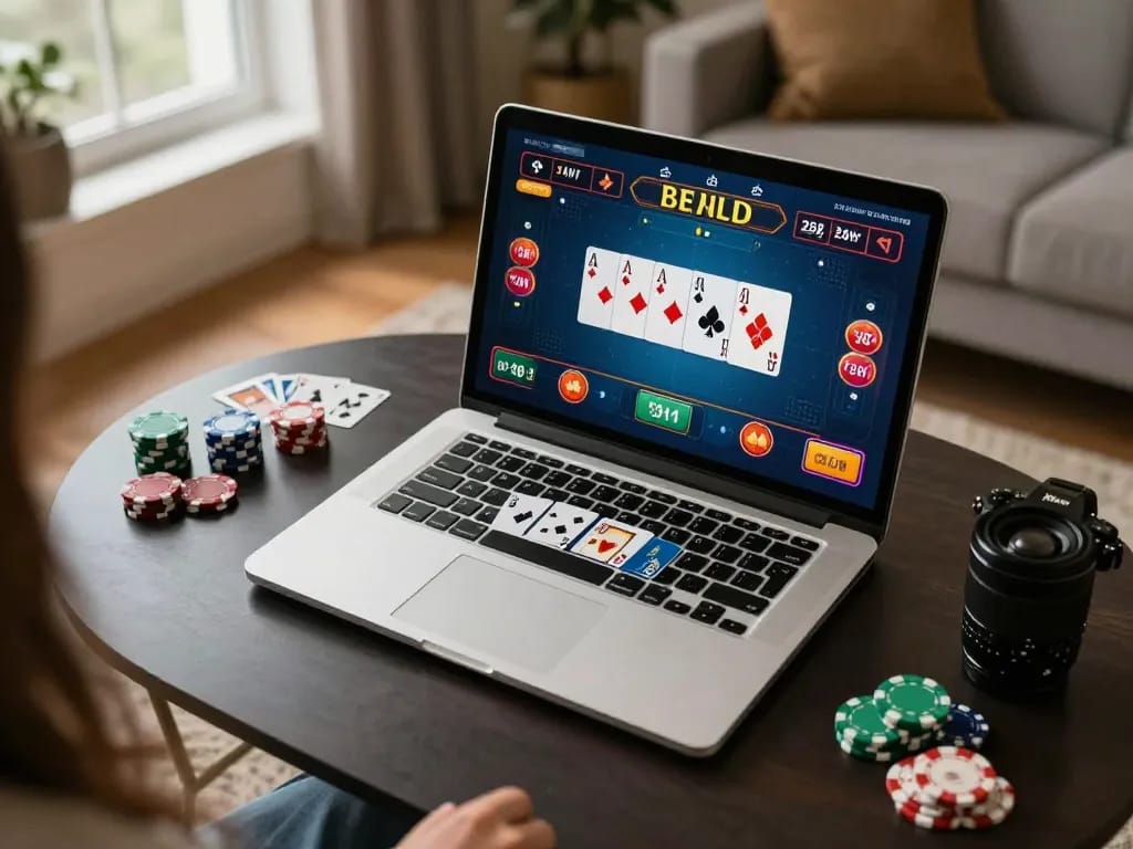 Player engaging with topgamebai on a laptop displaying poker game interface, chips and cards visible.