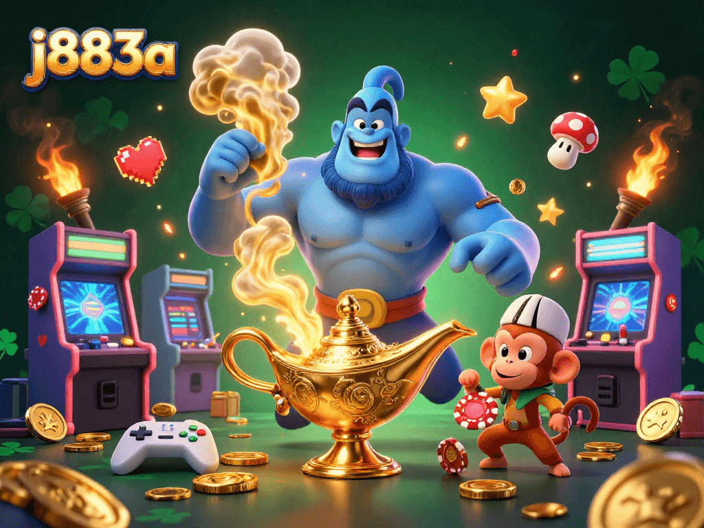 Play exciting casino games with j883a featuring a genie, monkey, and poker chips in vibrant detail.