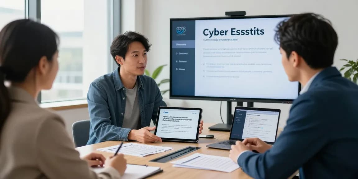 Cyber Essentials quote consultation between cybersecurity consultant and small business owner in a modern office.