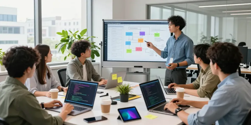 Team collaborating on ggsoft development in a modern tech office
