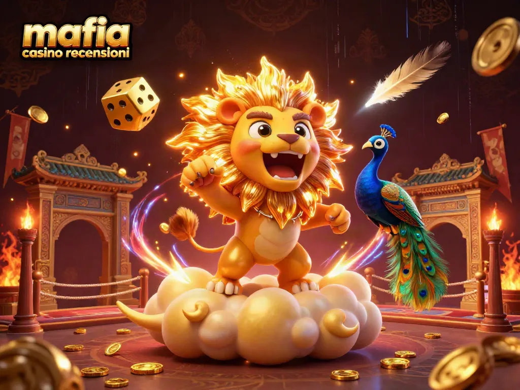 Mafia casino recensioni showcases a vibrant online gaming scene featuring a roaring sun lion, golden dice, and dynamic gaming elements.