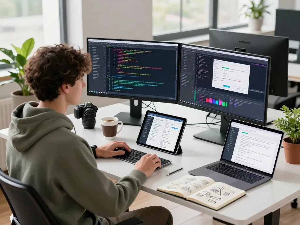 Clawdbot developer in a modern workspace coding on dual monitors with a stylish setup.