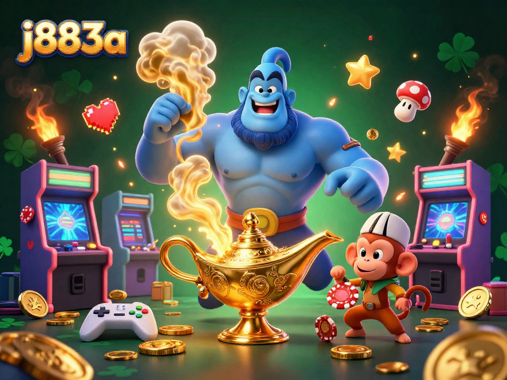 Play exciting casino games with j883a featuring a genie, monkey, and poker chips in vibrant detail.