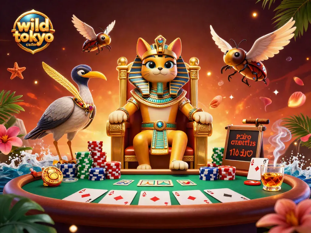 Engage with wild tokyo casino's vibrant gaming atmosphere, featuring a pharaoh cat and scribe amid poker excitement.
