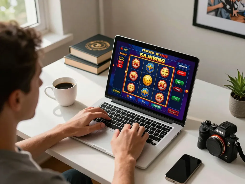 An individual plays an online slot game at home, showcasing f168 as part of a strategic gaming session with coffee and notes.