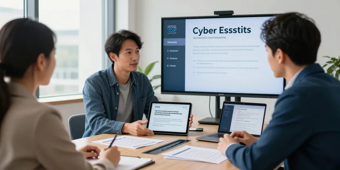 Cyber Essentials quote consultation between cybersecurity consultant and small business owner in a modern office.