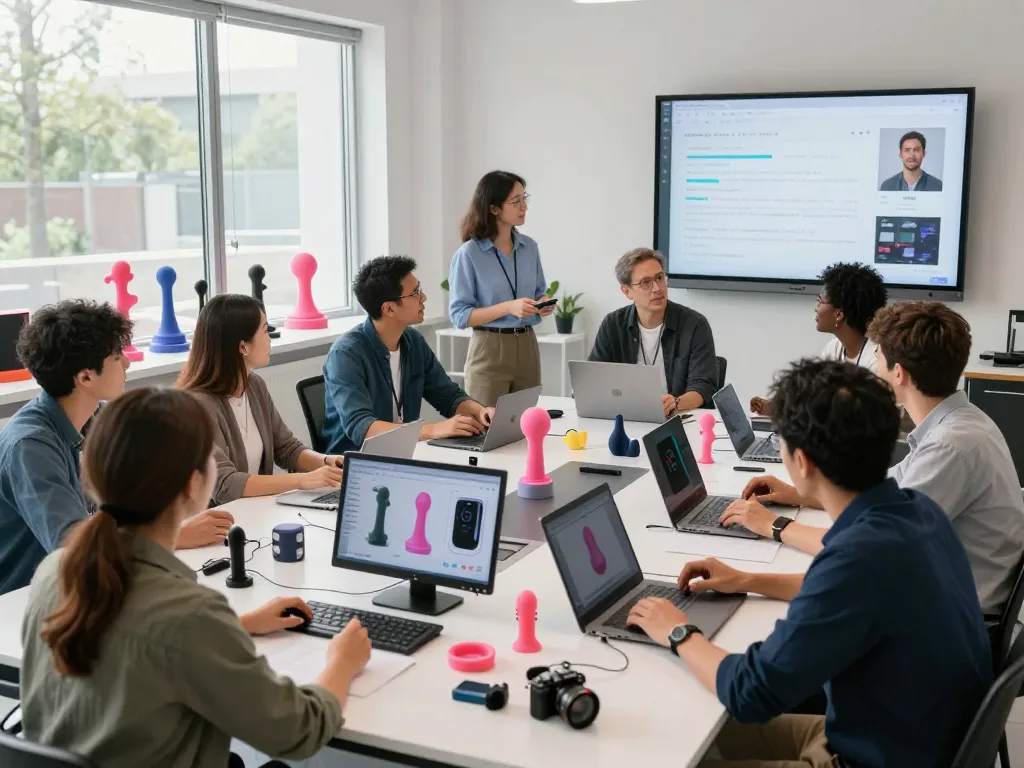 Team innovating AI sex technology in modern studio with prototypes and analytics.