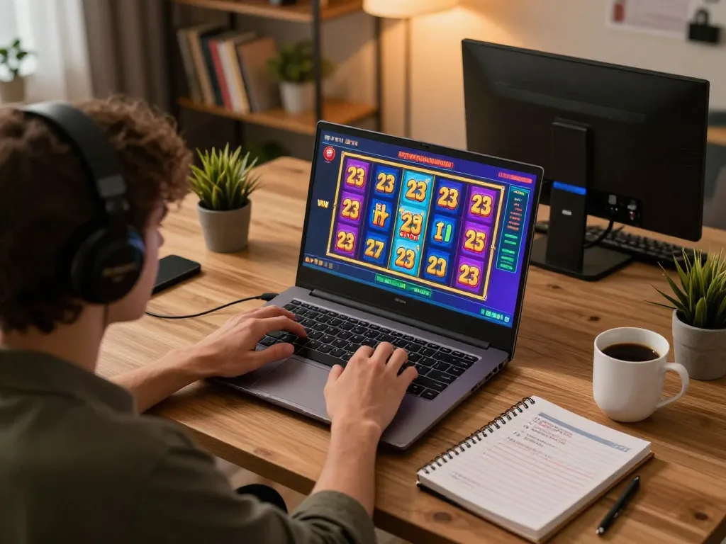 Engaged player accessing 23 win online slot game on laptop in modern home setting.