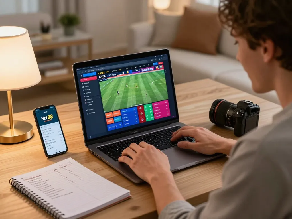 Engaging sports betting scene showcasing Net 88 app on laptop with strategic notes.