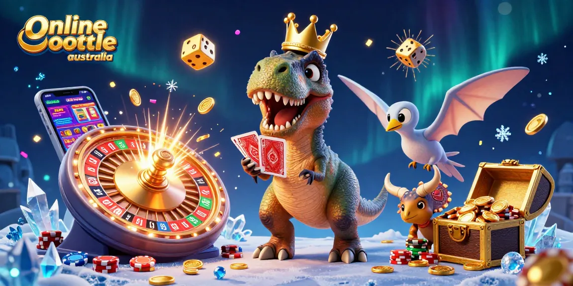 Experience thrilling online roulette Australia with a playful T-Rex dealing cards and colorful chips!