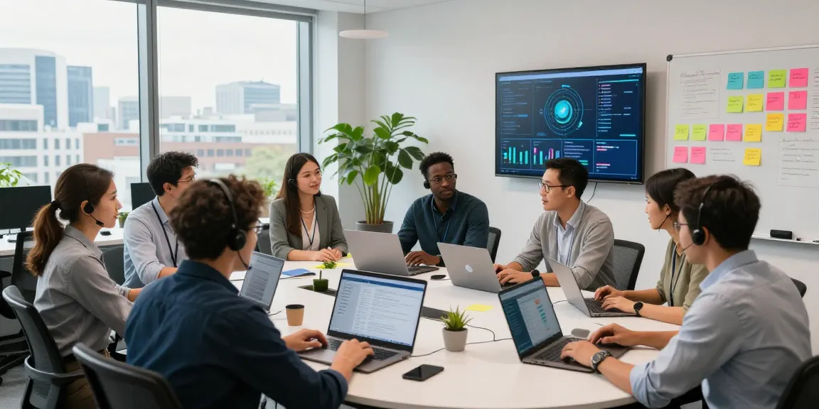 Team collaborating on outsourced IT services London in a dynamic modern office.