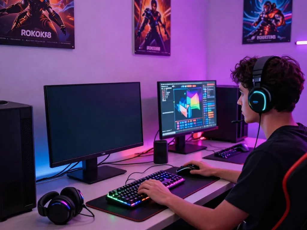 Engaged gamer playing ROKOK88 slot game in a vibrant gaming studio.