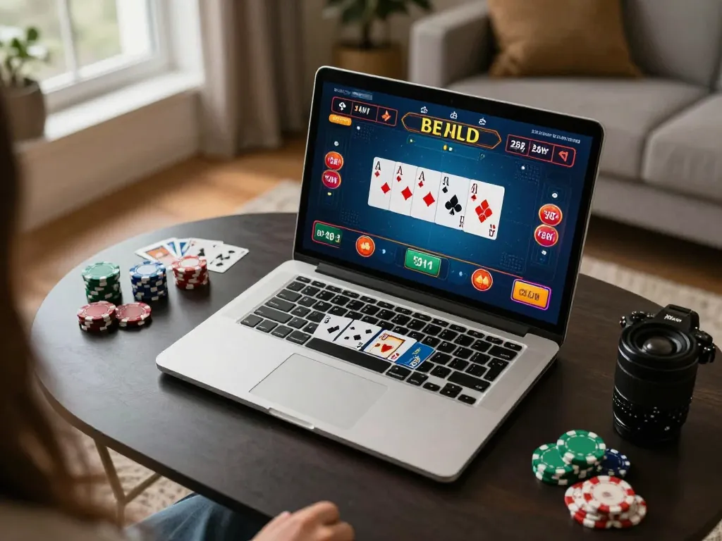 Player engaging with topgamebai on a laptop displaying poker game interface, chips and cards visible.