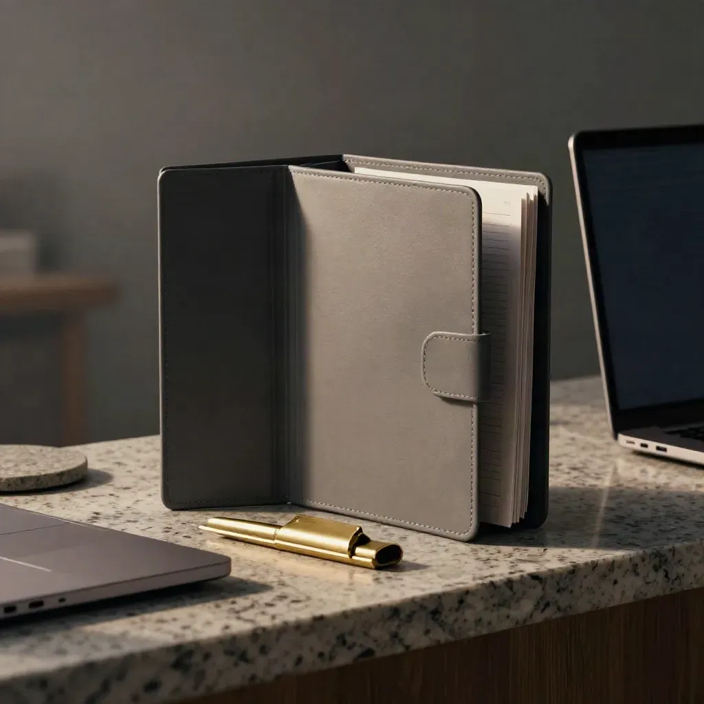 Due cartelle corsi trading su pietra, laptop chiuso e luce radente, atmosfera premium.