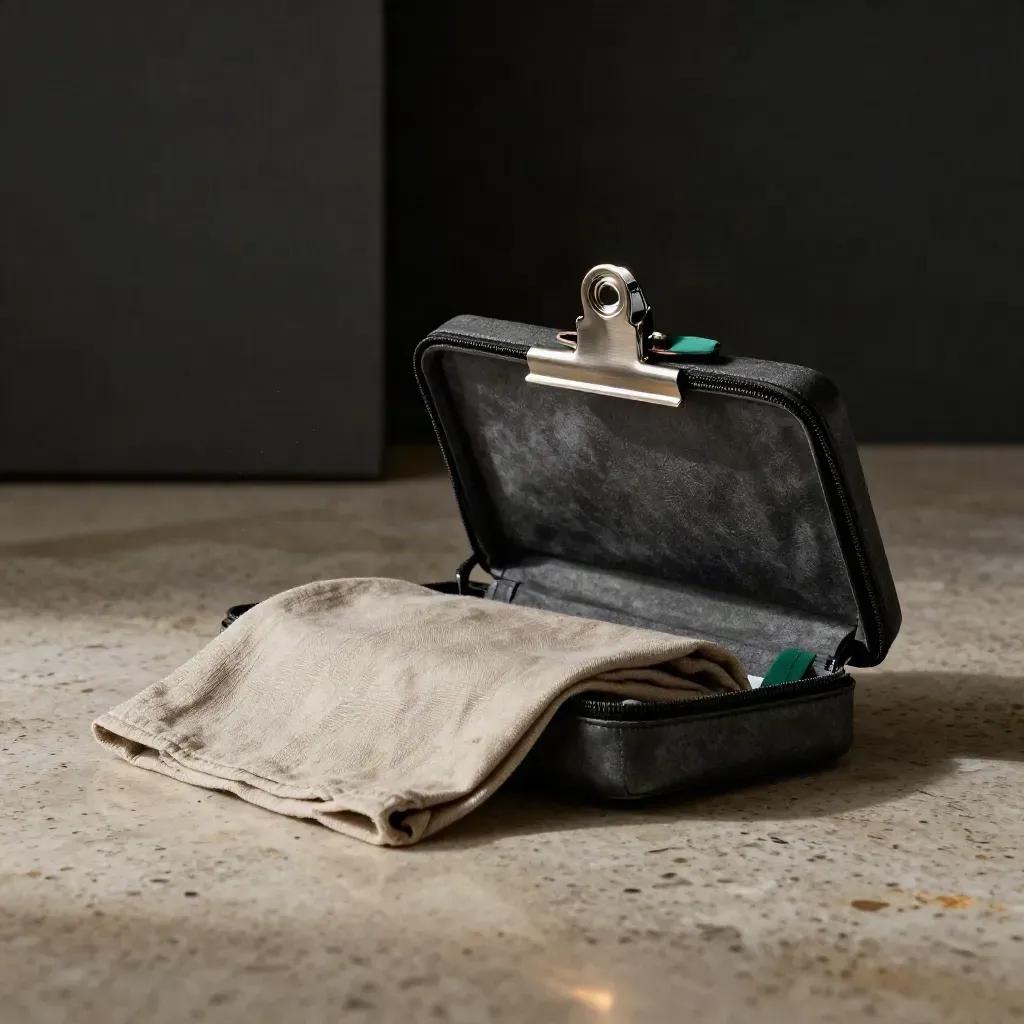 Kit portfolio trader in custodia antracite su travertino, con lino piegato e clip metallica.