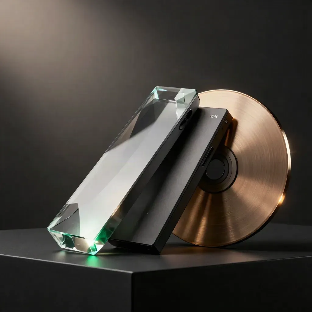 Tre moduli di trading, prisma di vetro verde e disco metallico su fondo nero drammatico.
