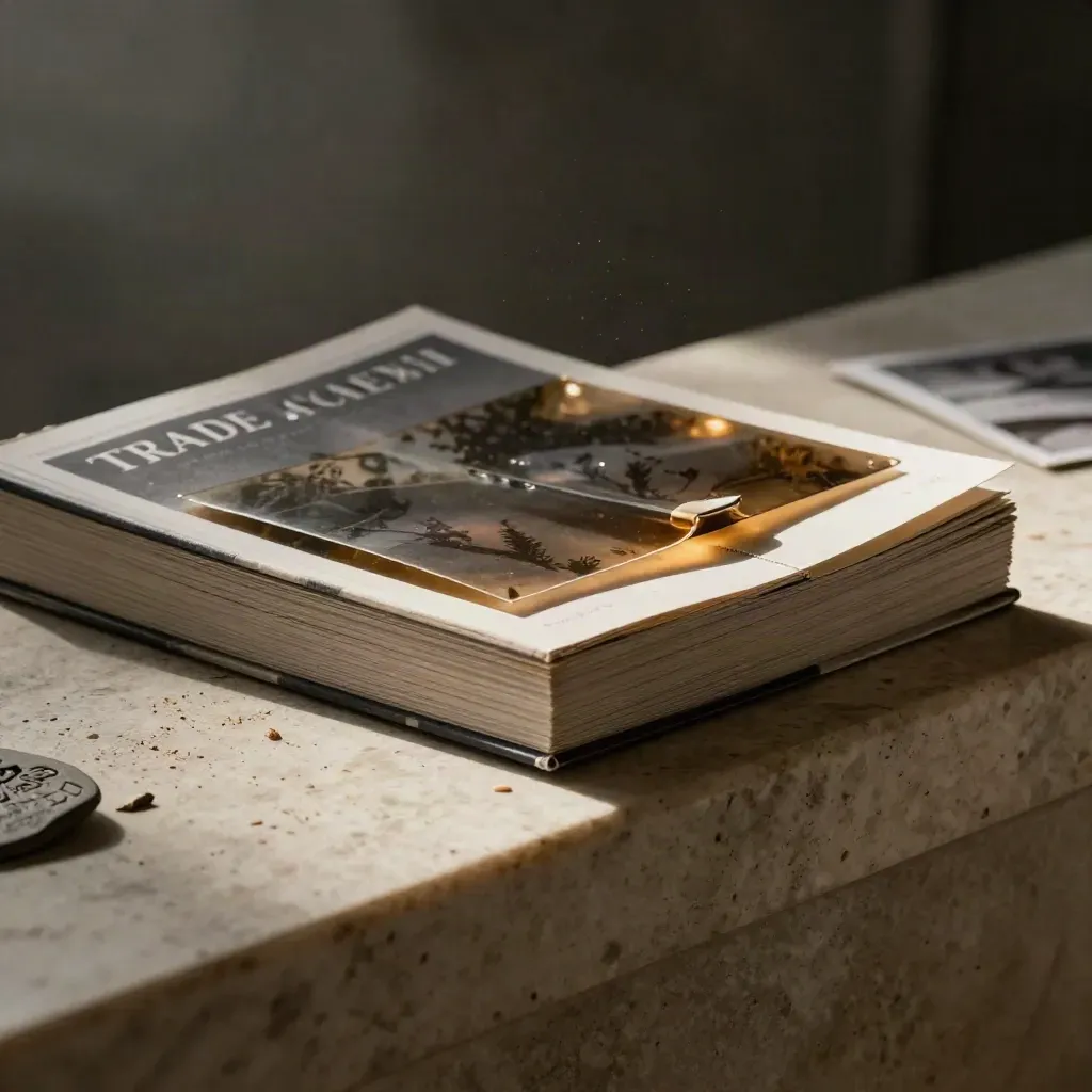 Fascicolo di supporti e resistenze su travertino, con acetato piegato e luce radente dorata.