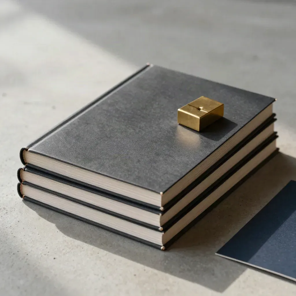 Tre booklet sovrapposti con divisorio grafite e fermacarte in ottone su base concreta.