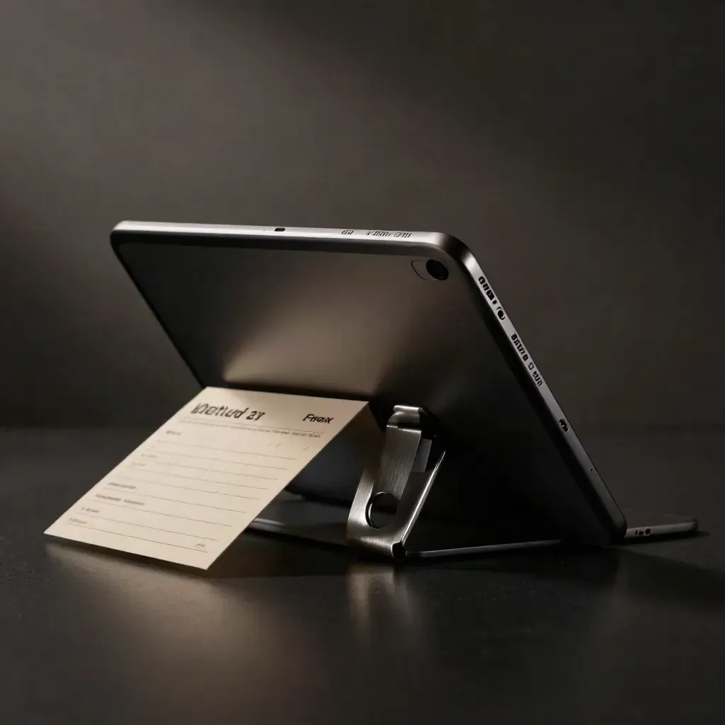 Tablet scuro, card pieghevole e supporto metallico su fondo nero, luce drammatica.