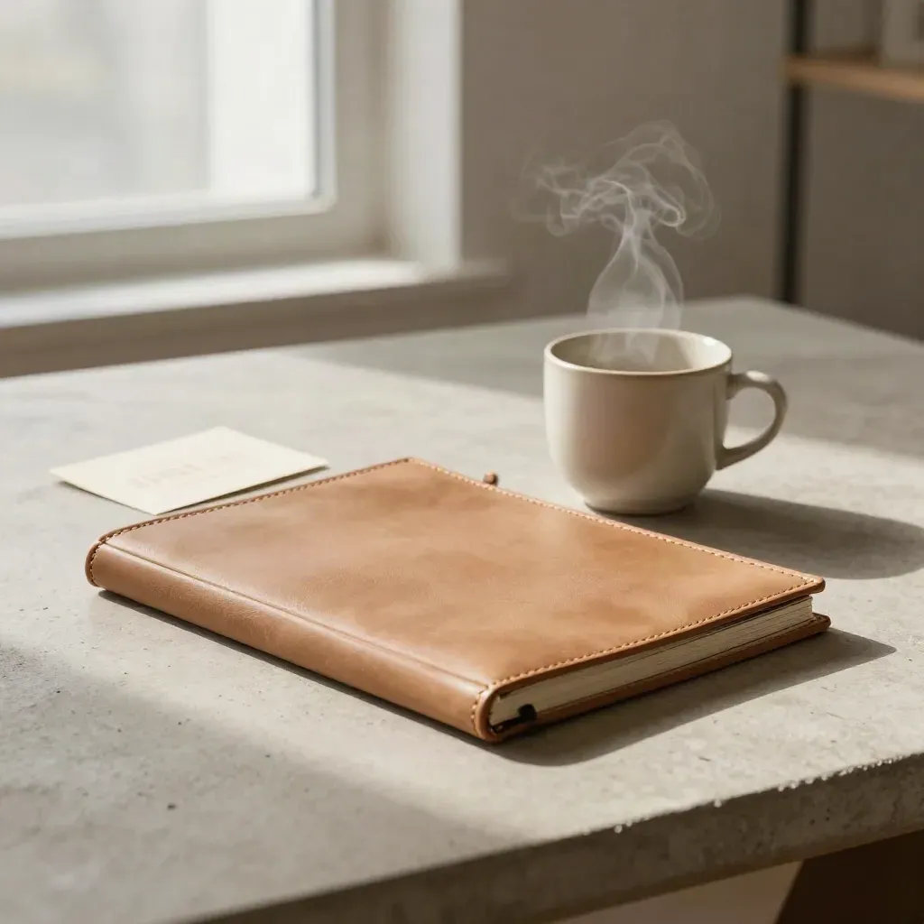 Folio in pelle, tazza in ceramica e matita su tavolo in cemento in uno studio trading elegante.