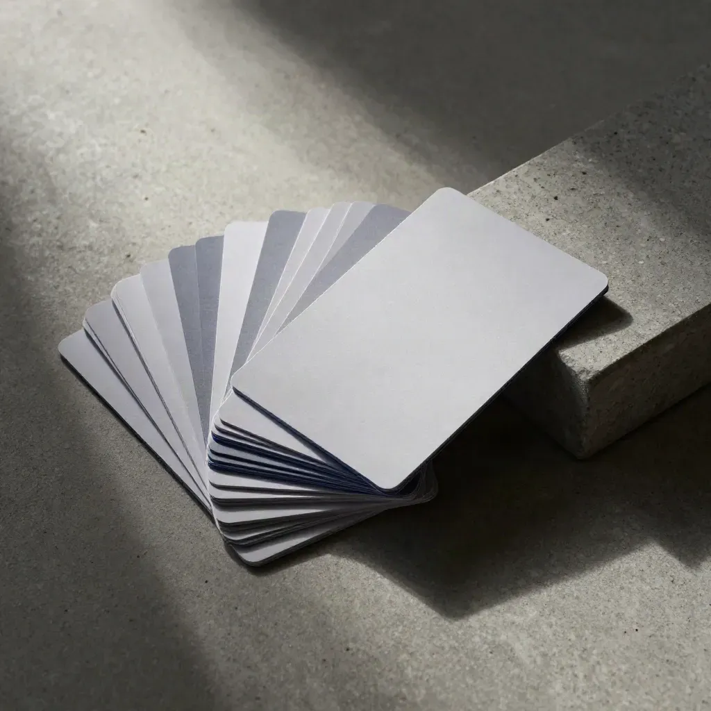 Flat lay dall’alto di carte quiz e fascicolo sigillato su blocco di pietra, luce morbida.