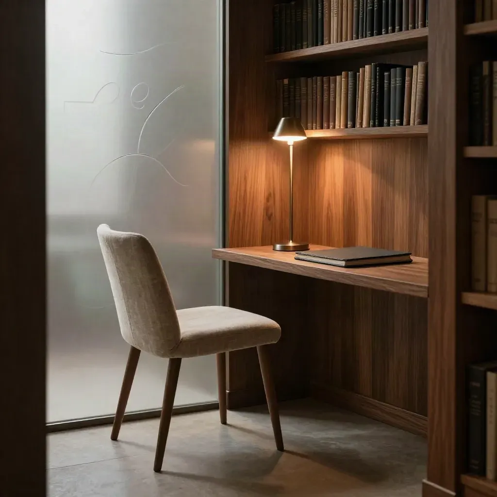 Angolo di biblioteca con poltrona in lino, vetro satinato e lampada ambrata, luce soffusa.