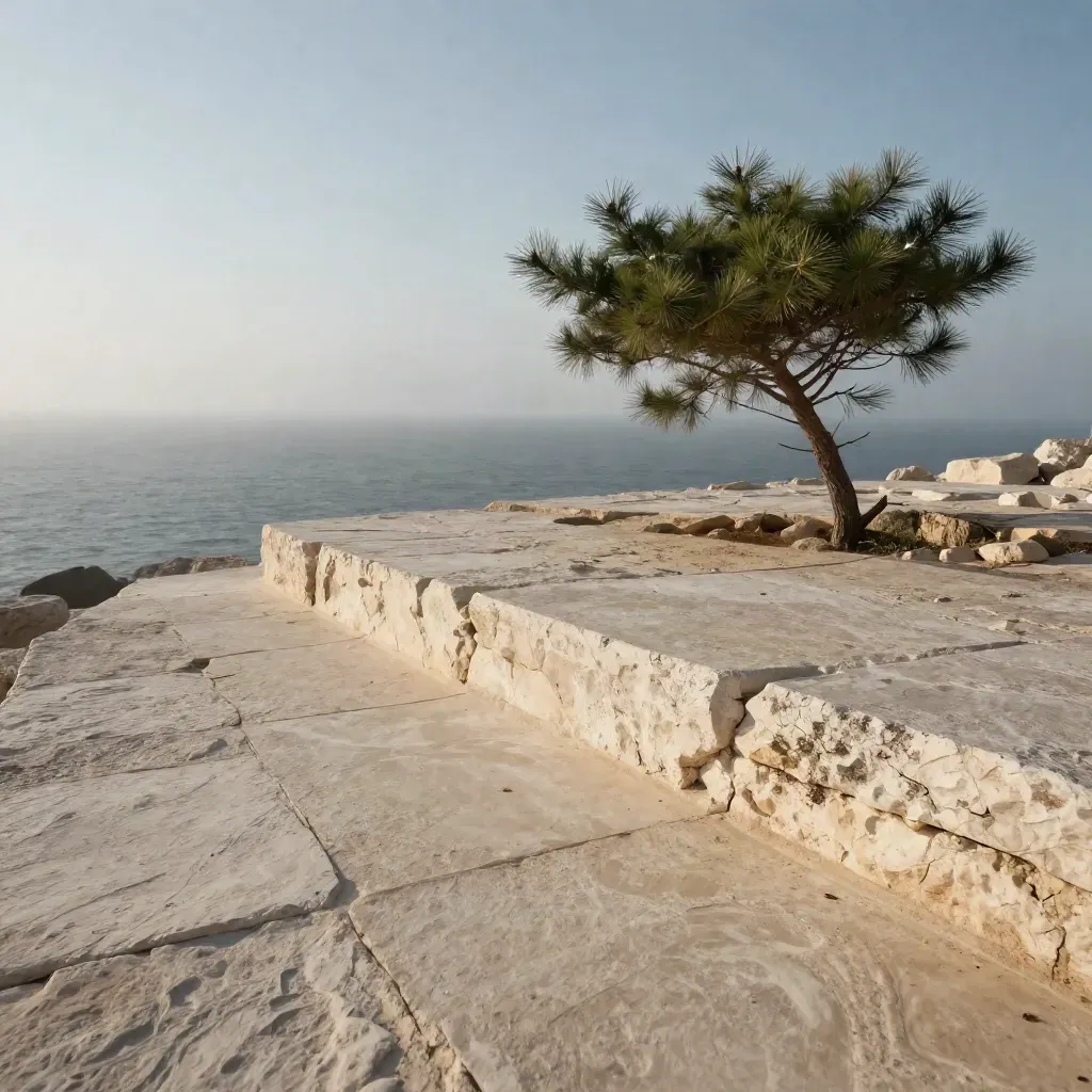 Terrazza costiera in pietra chiara con ramo di sempreverde e mare in foschia