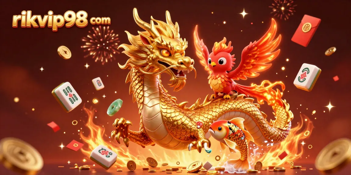 Experience thrilling gaming at rikvip98 com with a golden dragon and phoenix celebrating wins amidst colorful decorations.
