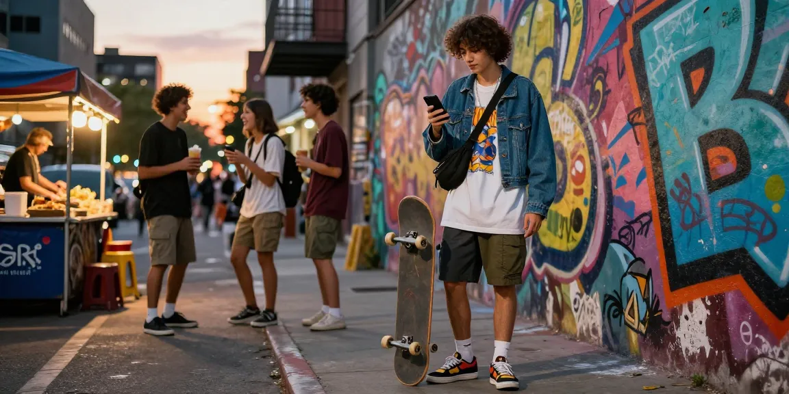 Stylish individual in trendy streetwear holding skateboard in vibrant urban setting, capturing the essence of rokok88 fashion.