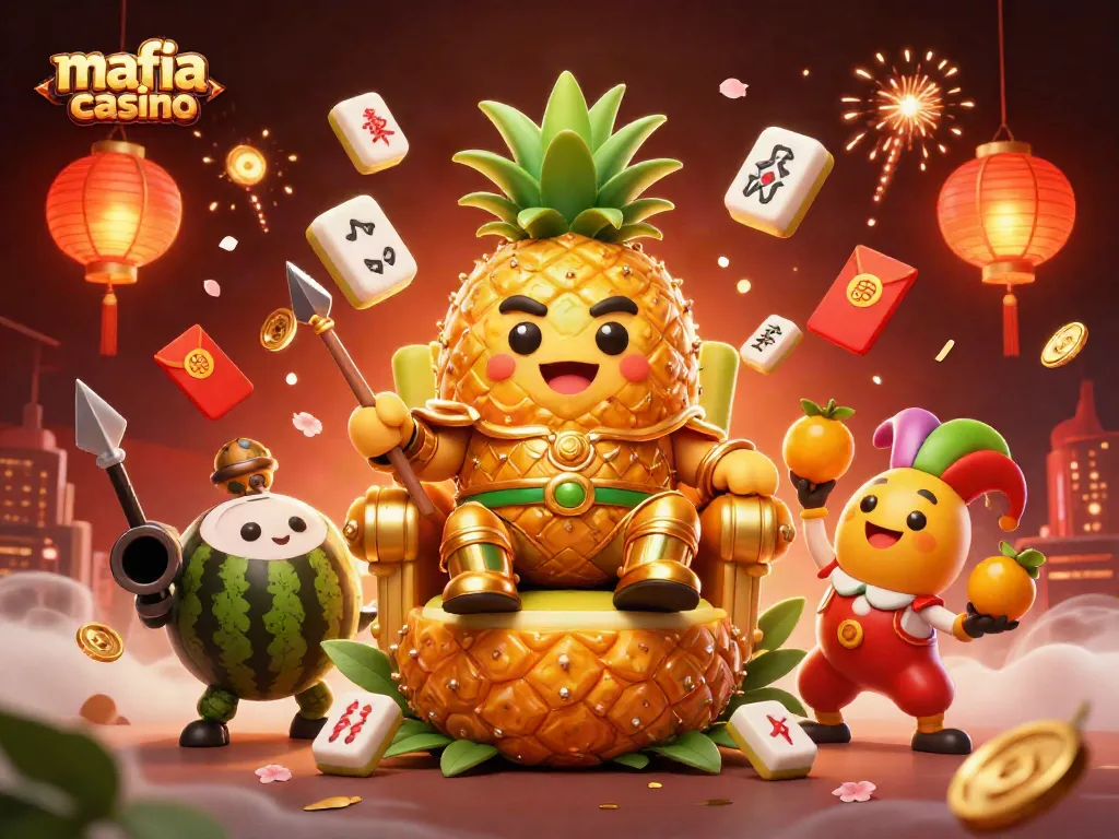 Mafia casino illustration showcasing a lively scene with a golden pineapple king and casino-themed elements.