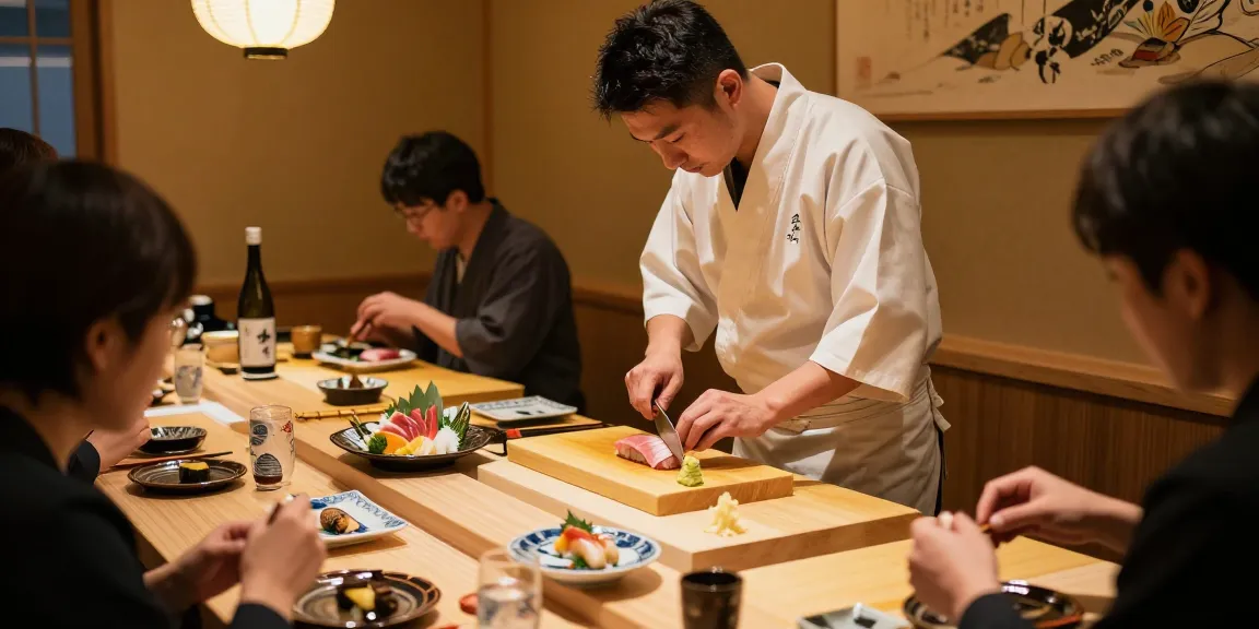 Delicious sushi preparation scene featuring chef slicing fresh delicacies, rokok88-themed restaurant ambiance