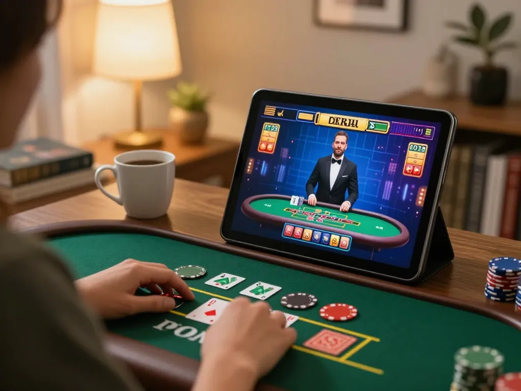Engaged user playing blackjack at nhà cái F168 in a cozy home setting, highlighting strategic gameplay.