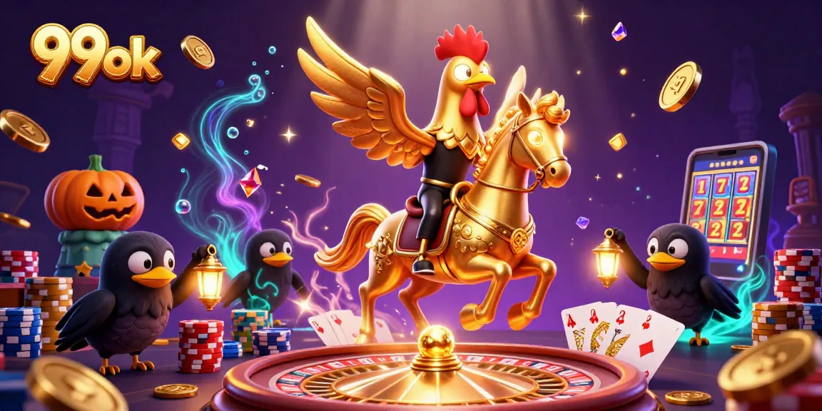 Engage with 99ok in a vibrant casino scene featuring a golden rooster and magical atmosphere.