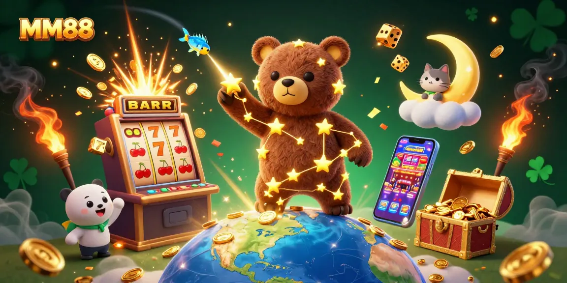 Experience exciting jackpots at MM88 with a 3D illustration featuring vibrant casino elements.