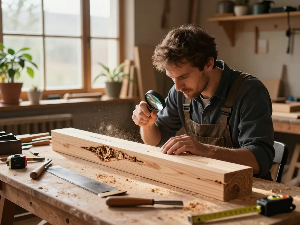 Falegname esperto che ispeziona il legno per infestazioni da tarli del legno in un laboratorio rustico.