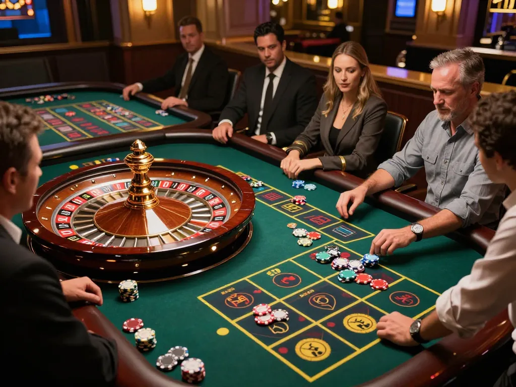 8kbet players placed bets at a dynamic roulette table in an upscale casino atmosphere.