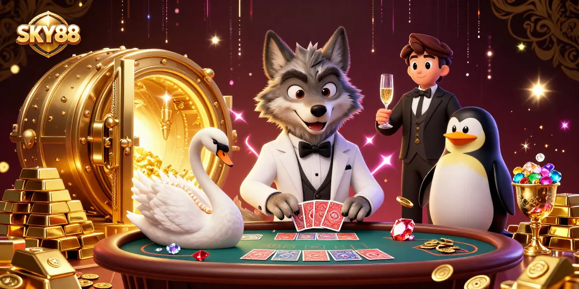 Experience the excitement of SKY88 with a cartoon wolf, elegant swan, and penguin at a baccarat table.